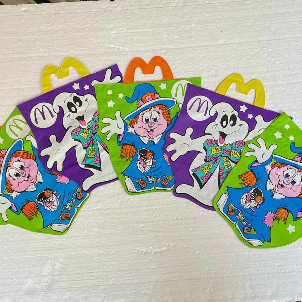 5 Vintage 1991 McDonald’s Halloween McBoo Bags. Green Witch & Purple Ghost.